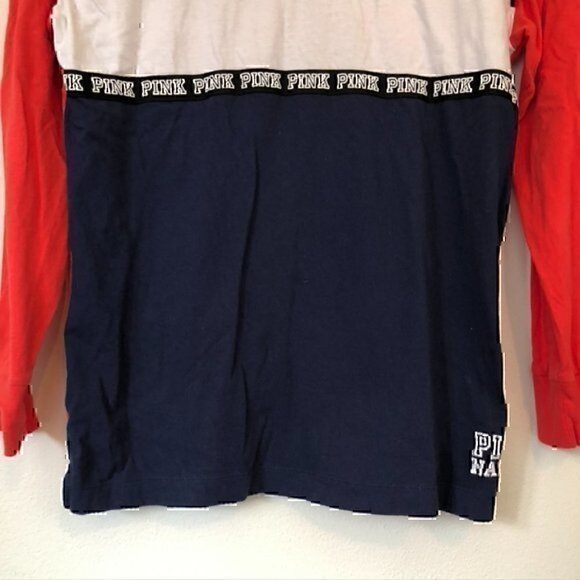 PINK VS VICTORIA'S SECRET Rugby Button Up Tee Red Navy Colorblock Long Sleeve XS - Picture 5 of 9